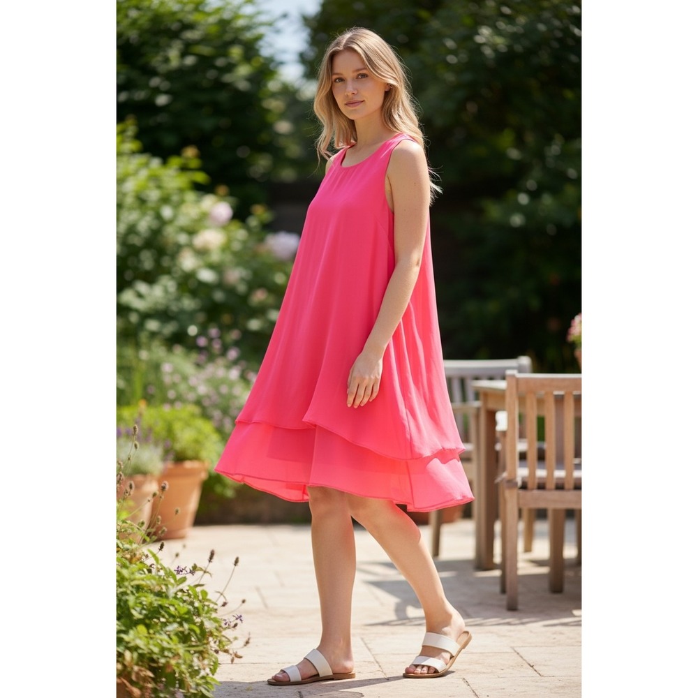 Pronto Moda J&M Neon Pink Chiffon Tiered Shift Dress Made in Italy ART 2166
